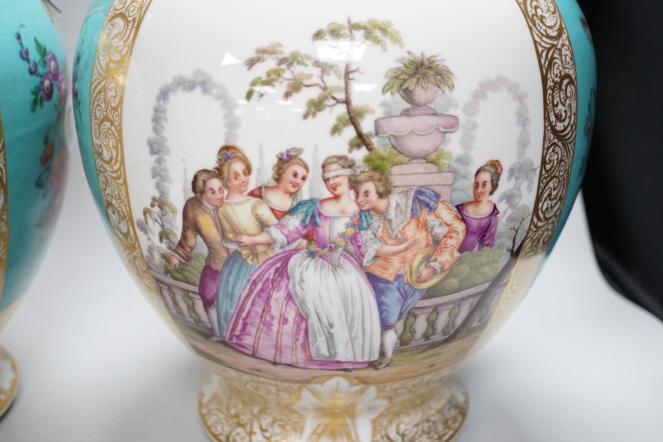 A pair of large Helena Wolfsohn, Dresden porcelain ovoid vases and covers, 43cm